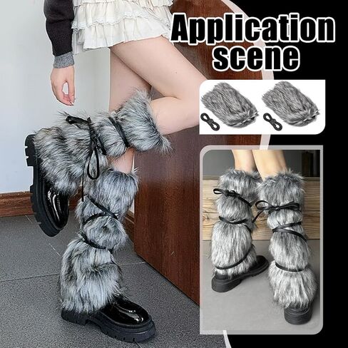 NBEADS Faux Fur Fuzzy Leg Warmers, Women's Furry Boot Covers with Strap Warm Fur Boot Cuffs Medieval Fuzzy Leg Warmers for Women Viking Costume Halloween Cosplay Accessory Gray in Kuwait