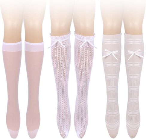 3 Pairs Oktoberfest Socks for Women, White Knee High Socks with Bow Ruffle Trim, Skin-Friendly Stretchy Nylon Long Socks for Dirndl Beer Festival Costumes Themed Party Outfits Lolita in Kuwait
