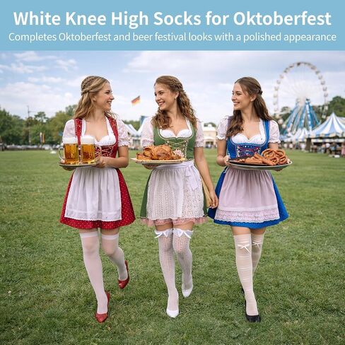 3 Pairs Oktoberfest Socks for Women, White Knee High Socks with Bow Ruffle Trim, Skin-Friendly Stretchy Nylon Long Socks for Dirndl Beer Festival Costumes Themed Party Outfits Lolita in Kuwait