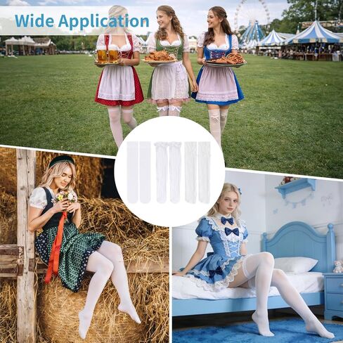 3 Pairs Oktoberfest Socks for Women, White Knee High Socks with Bow Ruffle Trim, Skin-Friendly Stretchy Nylon Long Socks for Dirndl Beer Festival Costumes Themed Party Outfits Lolita in Kuwait