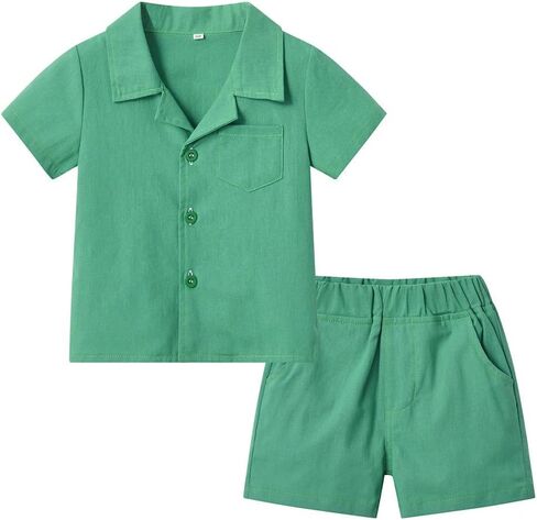 HahaNice Toddler Baby Boy Cotton Linen Button Down Short Sleeve Shirt and Shorts Set Summer Beach Matching Outfit in Saudi Arabia