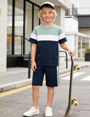 Boys Clothes Boys' 2-Piece Summer Outfit Color Block T-Shirt and Shorts Set 6-16 Years in Kuwait
