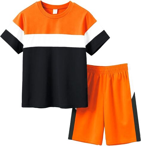 Boys Clothes Boys' 2-Piece Summer Outfit Color Block T-Shirt and Shorts Set 6-16 Years in Kuwait