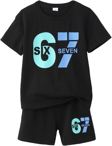 Boys 2 Piece Outfits Casual Short Sleeve Six Seven Graphic T-Shirt & Shorts Set Summer Clothes for Kids Teens 7-14Y in Saudi Arabia