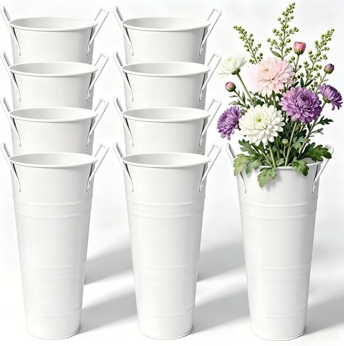 8 Pcs Flower Buckets Bar and Galvanized Flower Bucket with Handles Flower Holder Bucket Bloom Bar Vases, White 10 Inch High Floral Buckets for Cut Flower Table Centerpiece in Saudi Arabia