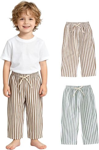 Toddler Girls Boys Cotton Linen Pants 2 Pack Kid Toddler Summer Elastic Waist Wide Leg Barrel Striped Casual Pants in Saudi Arabia