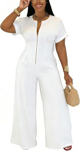 YUEWOO Jumpsuits for Women Sexy Zip Up Short Sleeve Casual Wide Leg Long Pants Rompers One Piece Jumpsuit Summer Club Outfits in Saudi Arabia