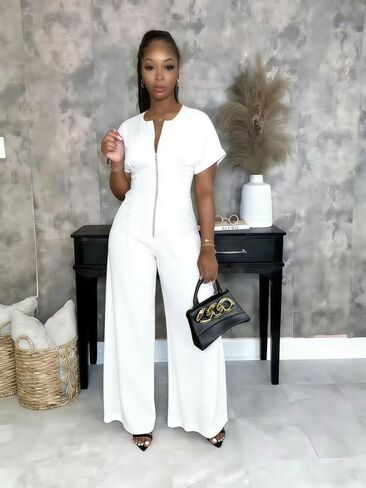YUEWOO Jumpsuits for Women Sexy Zip Up Short Sleeve Casual Wide Leg Long Pants Rompers One Piece Jumpsuit Summer Club Outfits in Saudi Arabia