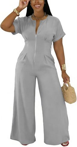 YUEWOO Jumpsuits for Women Sexy Zip Up Short Sleeve Casual Wide Leg Long Pants Rompers One Piece Jumpsuit Summer Club Outfits in Saudi Arabia