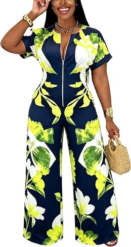 YUEWOO Jumpsuits for Women Sexy Zip Up Short Sleeve Casual Wide Leg Long Pants Rompers One Piece Jumpsuit Summer Club Outfits in Saudi Arabia