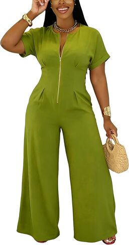 YUEWOO Jumpsuits for Women Sexy Zip Up Short Sleeve Casual Wide Leg Long Pants Rompers One Piece Jumpsuit Summer Club Outfits in Saudi Arabia
