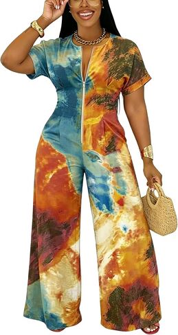 YUEWOO Jumpsuits for Women Sexy Zip Up Short Sleeve Casual Wide Leg Long Pants Rompers One Piece Jumpsuit Summer Club Outfits in Saudi Arabia