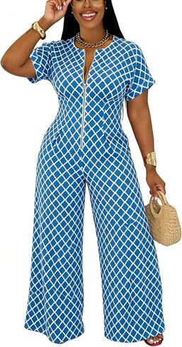 YUEWOO Jumpsuits for Women Sexy Zip Up Short Sleeve Casual Wide Leg Long Pants Rompers One Piece Jumpsuit Summer Club Outfits in Saudi Arabia