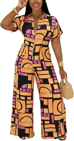 YUEWOO Jumpsuits for Women Sexy Zip Up Short Sleeve Casual Wide Leg Long Pants Rompers One Piece Jumpsuit Summer Club Outfits in Saudi Arabia