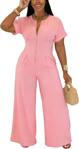 YUEWOO Jumpsuits for Women Sexy Zip Up Short Sleeve Casual Wide Leg Long Pants Rompers One Piece Jumpsuit Summer Club Outfits in Saudi Arabia