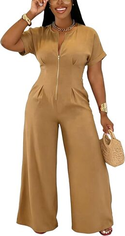 YUEWOO Jumpsuits for Women Sexy Zip Up Short Sleeve Casual Wide Leg Long Pants Rompers One Piece Jumpsuit Summer Club Outfits in Saudi Arabia