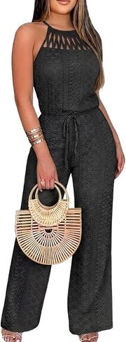 CHICME Halter Hollow Out Jumpsuits for Women Dressy Casual Wide Leg Knit Jacquard Romper Summer Vacation One Piece Outfit in Kuwait