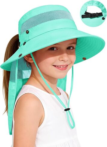 Century Star Kids Sun Hat with Ponytail Hole & Detachable Neck Flap UPF50+ Quick Dry Girls Bucket Hat for Outdoor Beach in Kuwait
