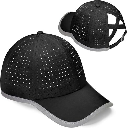 Girls Criss Cross Ponytail Hat Reflective Brim Baseball Cap Kids Quick Drying Laser Perforated Mesh Golf Hat Age 5-12 in Saudi Arabia