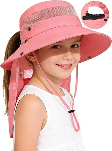 Century Star Kids Sun Hat with Ponytail Hole & Detachable Neck Flap UPF50+ Quick Dry Girls Bucket Hat for Outdoor Beach in Kuwait
