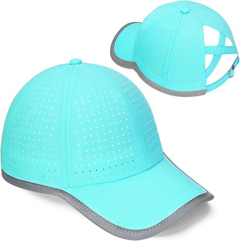 Girls Criss Cross Ponytail Hat Reflective Brim Baseball Cap Kids Quick Drying Laser Perforated Mesh Golf Hat Age 5-12 in Saudi Arabia