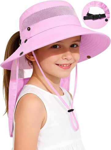Century Star Kids Sun Hat with Ponytail Hole & Detachable Neck Flap UPF50+ Quick Dry Girls Bucket Hat for Outdoor Beach in Kuwait