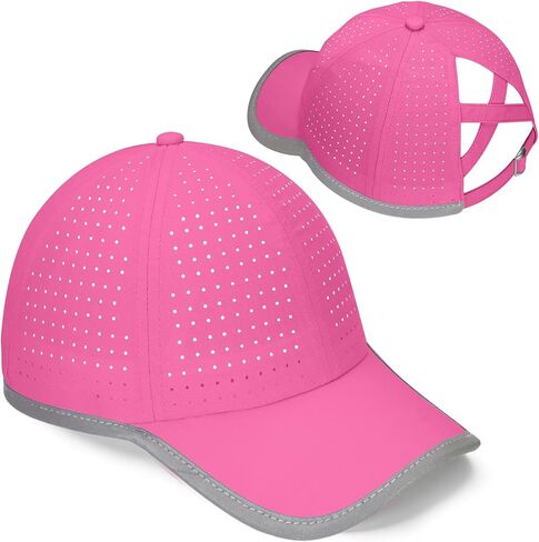 Girls Criss Cross Ponytail Hat Reflective Brim Baseball Cap Kids Quick Drying Laser Perforated Mesh Golf Hat Age 5-12 in Saudi Arabia