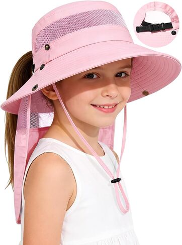 Century Star Kids Sun Hat with Ponytail Hole & Detachable Neck Flap UPF50+ Quick Dry Girls Bucket Hat for Outdoor Beach in Kuwait