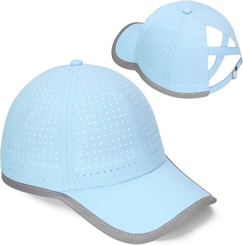 Girls Criss Cross Ponytail Hat Reflective Brim Baseball Cap Kids Quick Drying Laser Perforated Mesh Golf Hat Age 5-12 in Saudi Arabia