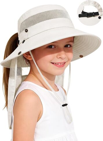 Century Star Kids Sun Hat with Ponytail Hole & Detachable Neck Flap UPF50+ Quick Dry Girls Bucket Hat for Outdoor Beach in Kuwait