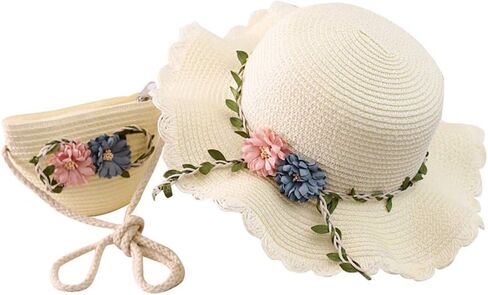 Girls Straw Hat 2-8 Age Tourism Sun Hat Flower Children Sun Hat and Bag Set Baby Outdoor Wide Brim Bucket Hats for Kid White, One Size in Saudi Arabia