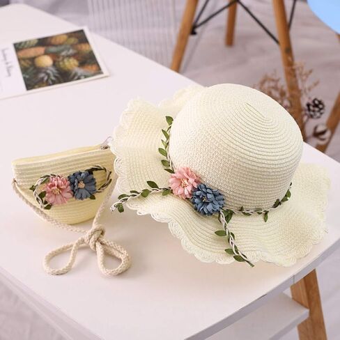 Girls Straw Hat 2-8 Age Tourism Sun Hat Flower Children Sun Hat and Bag Set Baby Outdoor Wide Brim Bucket Hats for Kid White, One Size in Saudi Arabia