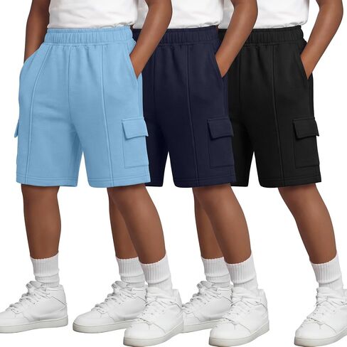 3 Pack Boys Cargo Shorts Kids Elastic Waist Athletic Sweat Shorts Bermuda with Pockets Teen for 6-16 Years Summer in Saudi Arabia