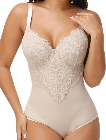 SHAPSHE Lace Shapewear Bodysuit with Built in Bra V Neck Full Body Shaper Tummy Control in Kuwait