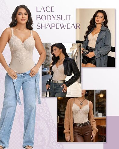SHAPSHE Lace Shapewear Bodysuit with Built in Bra V Neck Full Body Shaper Tummy Control in Kuwait