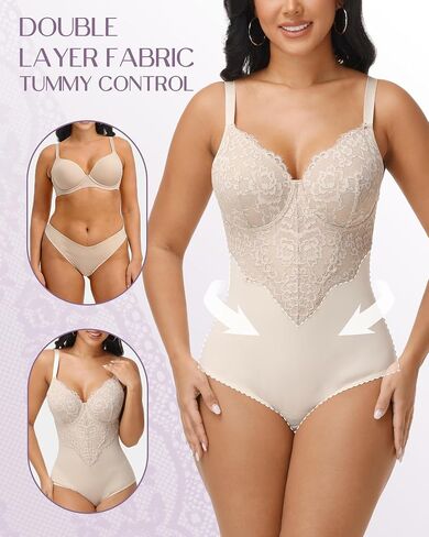 SHAPSHE Lace Shapewear Bodysuit with Built in Bra V Neck Full Body Shaper Tummy Control in Kuwait