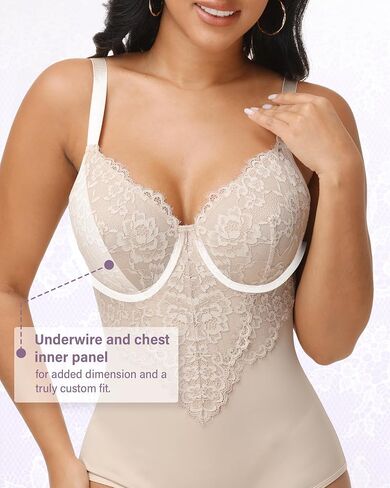 SHAPSHE Lace Shapewear Bodysuit with Built in Bra V Neck Full Body Shaper Tummy Control in Kuwait
