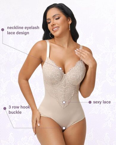 SHAPSHE Lace Shapewear Bodysuit with Built in Bra V Neck Full Body Shaper Tummy Control in Kuwait