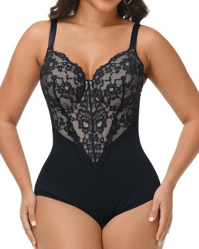 SHAPSHE Lace Shapewear Bodysuit with Built in Bra V Neck Full Body Shaper Tummy Control in Kuwait