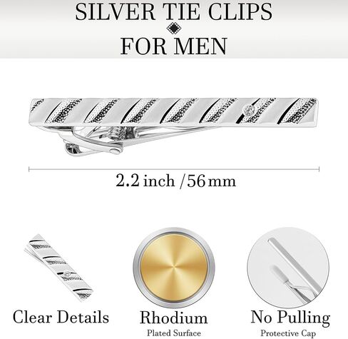 HAWSON Silver Tie Clips for Men Unique, Silver Mens Tie Bar with Crystal, Skinny Tie Pins Tacks Clasps, Suit Accessories Wedding Groom Gifts 2.2 Inch in Kuwait