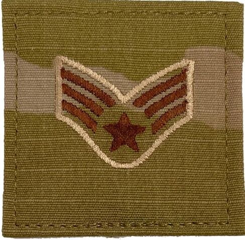 Senior Airman (E-4) USAF Regulation OCP 2x2" ranks with hook for wear on OCP uniforms for center chest placement. in Kuwait