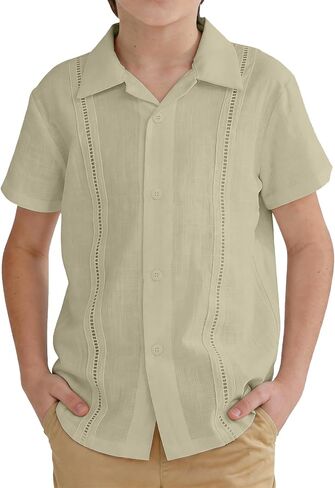 Boys Guayabera Shirt Short Sleeve Button Down Cuban Wedding Shirt Kids Linen Summer Beach Outfit Formal Casual Tops in Saudi Arabia
