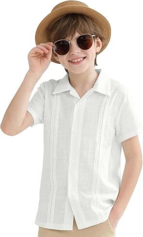 Boys Guayabera Shirt Short Sleeve Button Down Cuban Wedding Shirt Kids Linen Summer Beach Outfit Formal Casual Tops in Saudi Arabia