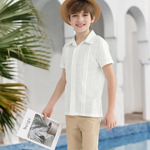 Boys Guayabera Shirt Short Sleeve Button Down Cuban Wedding Shirt Kids Linen Summer Beach Outfit Formal Casual Tops in Saudi Arabia