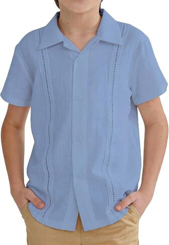 Boys Guayabera Shirt Short Sleeve Button Down Cuban Wedding Shirt Kids Linen Summer Beach Outfit Formal Casual Tops in Saudi Arabia