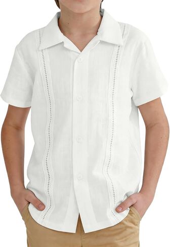 Boys Guayabera Shirt Short Sleeve Button Down Cuban Wedding Shirt Kids Linen Summer Beach Outfit Formal Casual Tops in Saudi Arabia