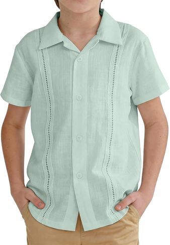 Boys Guayabera Shirt Short Sleeve Button Down Cuban Wedding Shirt Kids Linen Summer Beach Outfit Formal Casual Tops in Saudi Arabia