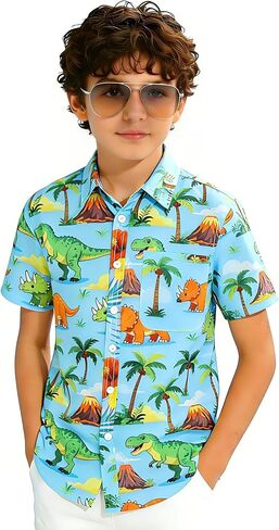 ROSEGIN Boys Hawaiian Shirts Short Sleeve Tropical Button Down Kids Luau Beach Aloha Shirt Wrinkle Free for 6-14 Years in Saudi Arabia