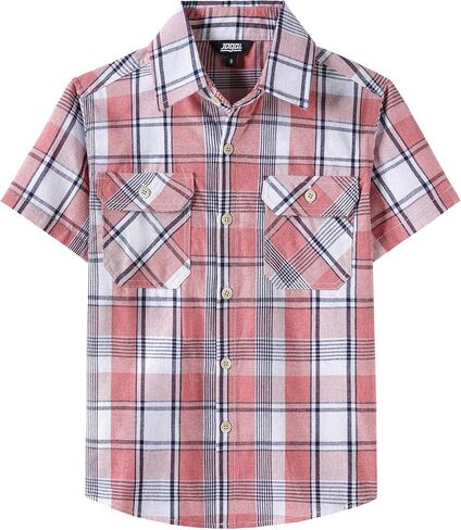 JOGAL Boys Plaid Shirt Short Sleeve Button Down Shirts Casual Woven Shirts with Two Pockets for Kids 6-14 Years in Saudi Arabia