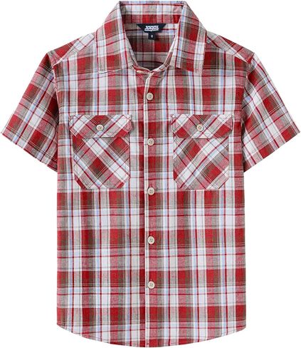 JOGAL Boys Plaid Shirt Short Sleeve Button Down Shirts Casual Woven Shirts with Two Pockets for Kids 6-14 Years in Saudi Arabia